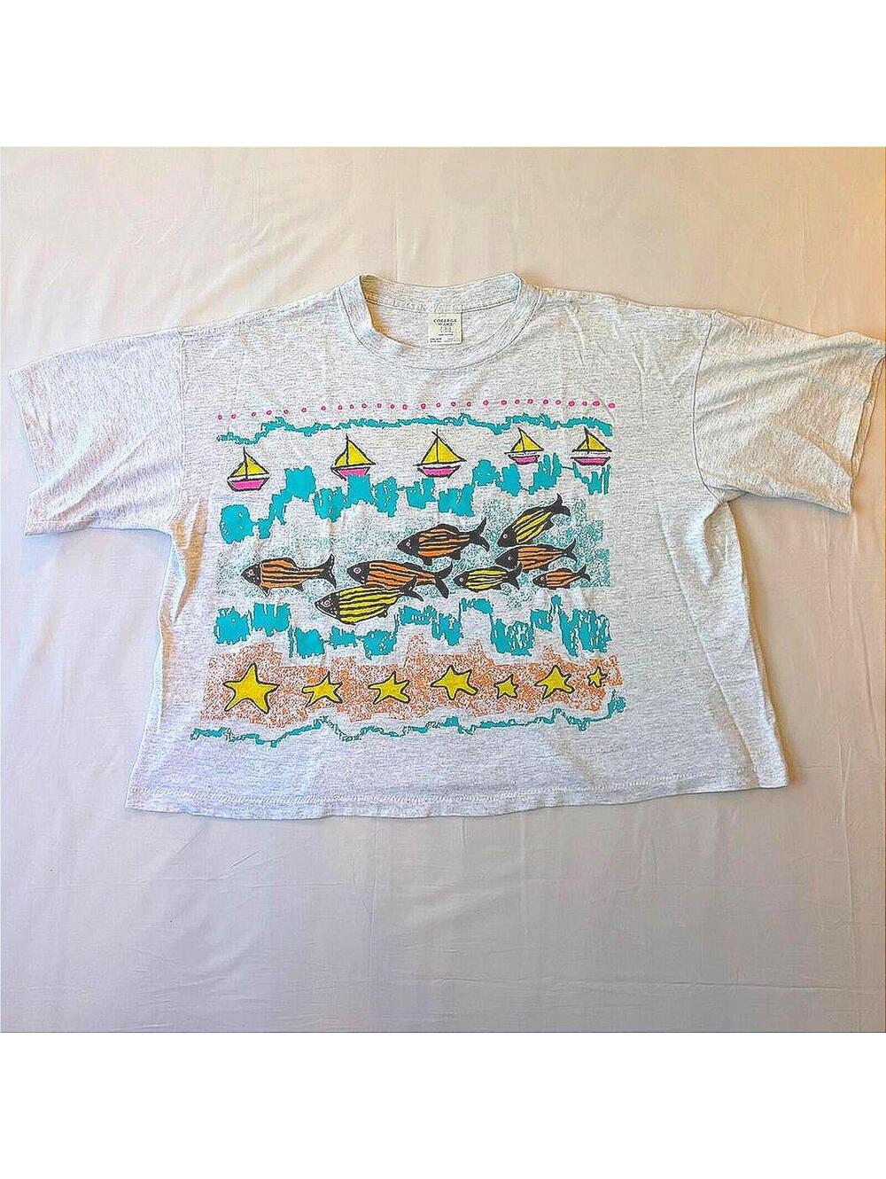 Vintage 80s College Ware USA Tropical Fish Crop Tee Single Stitch XXL Cropped